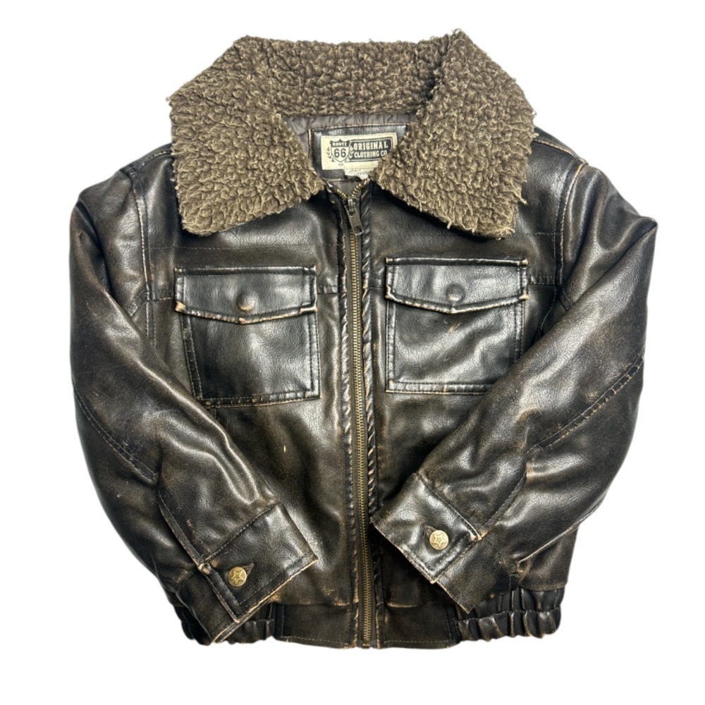 Kids Vintage Route 66 Original Clothing Co. Leather Jacket With Sherpa Collar